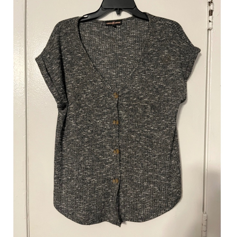 Almost Famous Womens XL Gray MarledRibbed Button Front Short Sleeve Cardigan Top